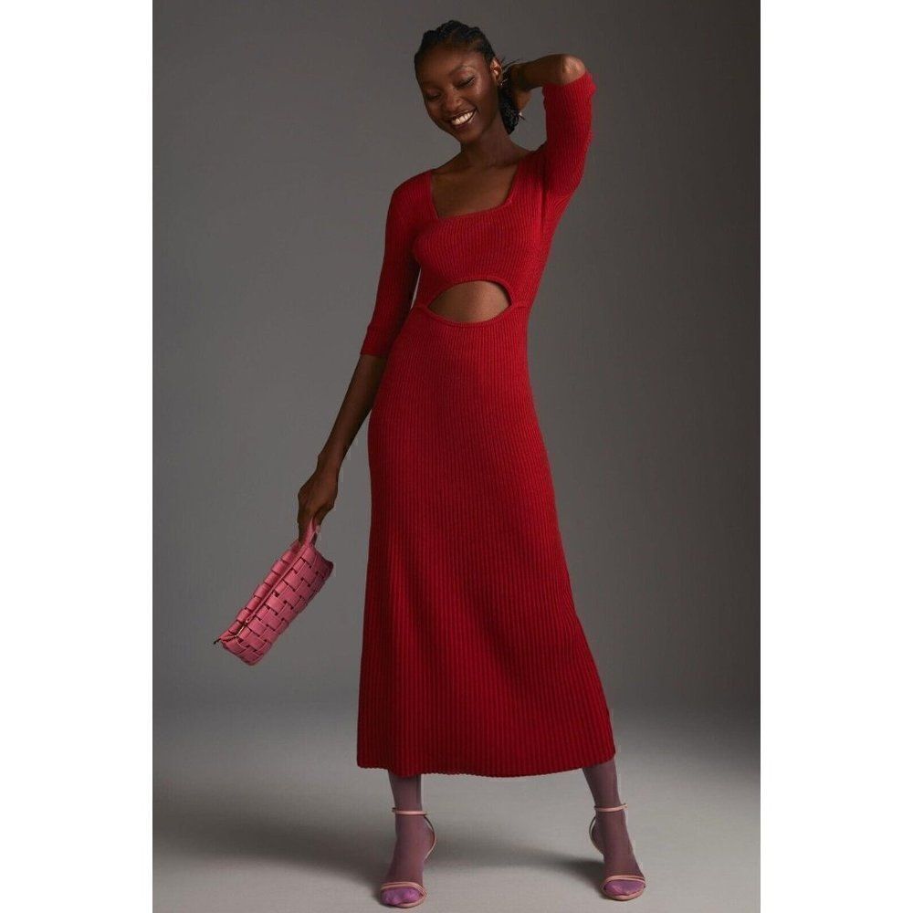 NWT ANTHROPOLOGIE X FAVORITE DAUGHTER THE CRUSH DRESS RIBBED MIDI RED